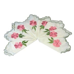 Vintage Pink and Green Embroidered Floral Table Linens set of 8 Napkins